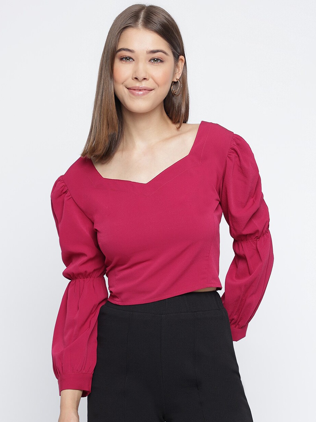 

Mayra Sweetheart Neck Cuffed Sleeves Crop Top, Maroon