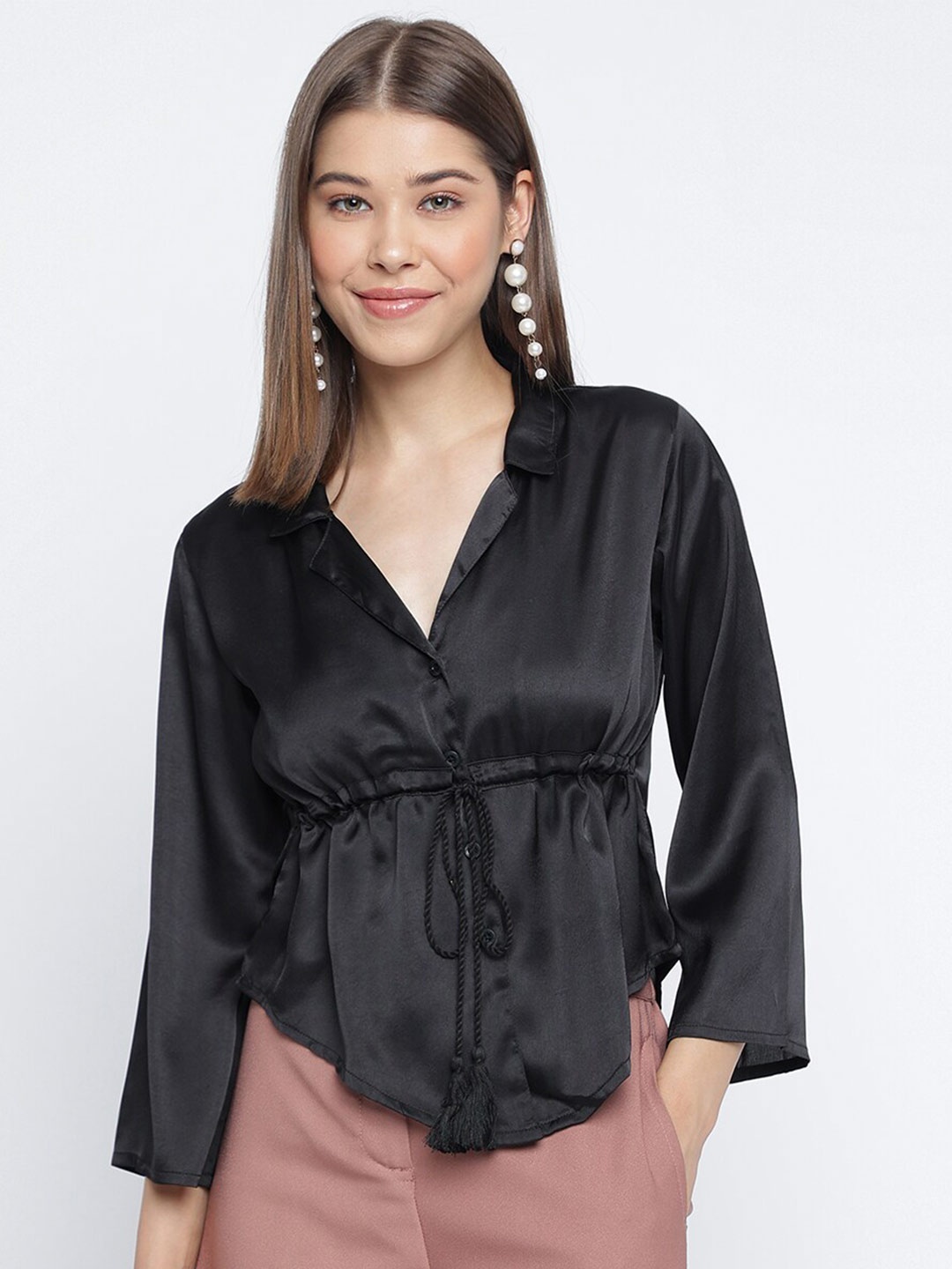 

Mayra Shirt Collar Cinched Waist Top, Black