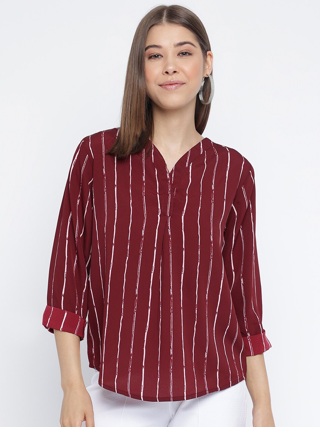 

Mayra Striped V-Neck Roll -Up Sleeves Top, Maroon