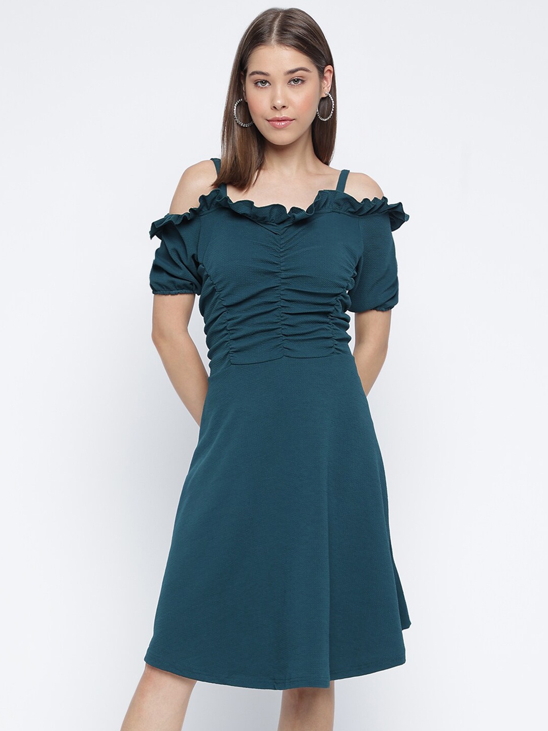 

Mayra Off-Shoulder Cold-Shoulder Sleeves Gathered Fit & Flare Dress, Green
