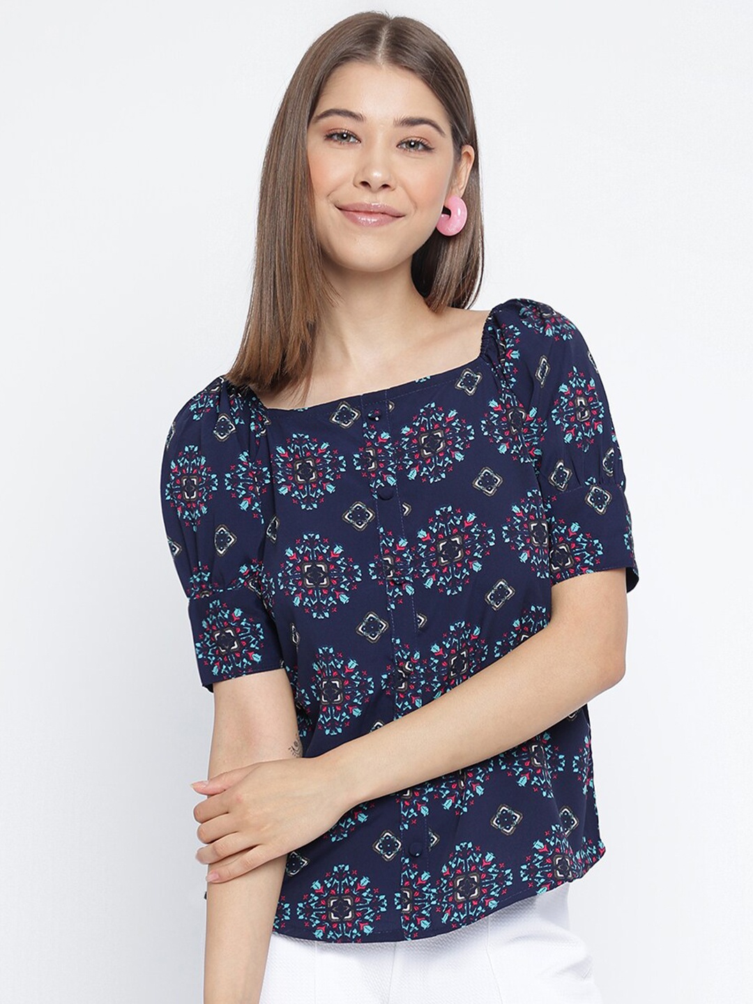 

Mayra Blue Geometric Printed Puff Sleeves Top, Navy blue