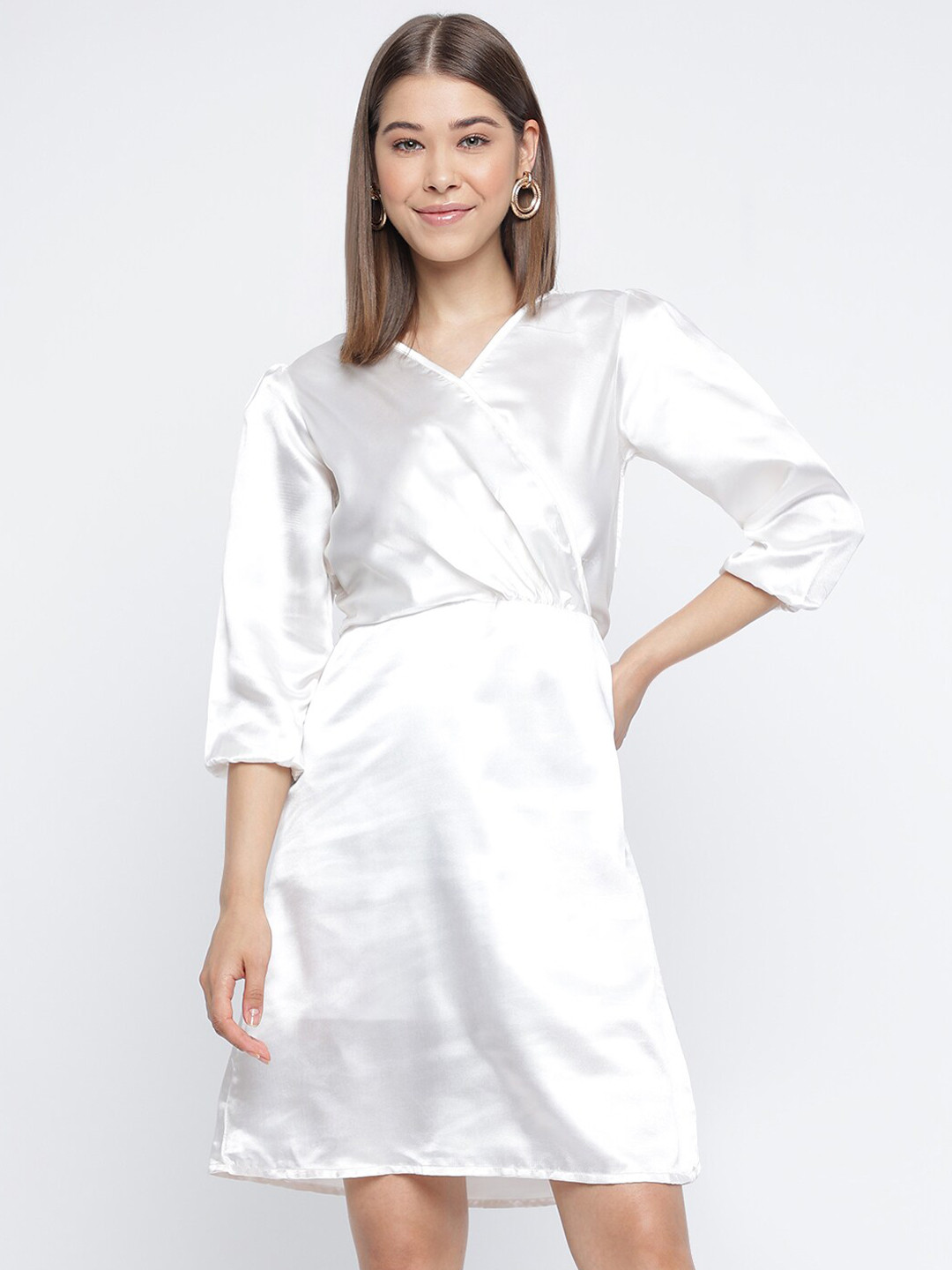 

Mayra V-Neck Puff Sleeves Satin A-Line Dress, White