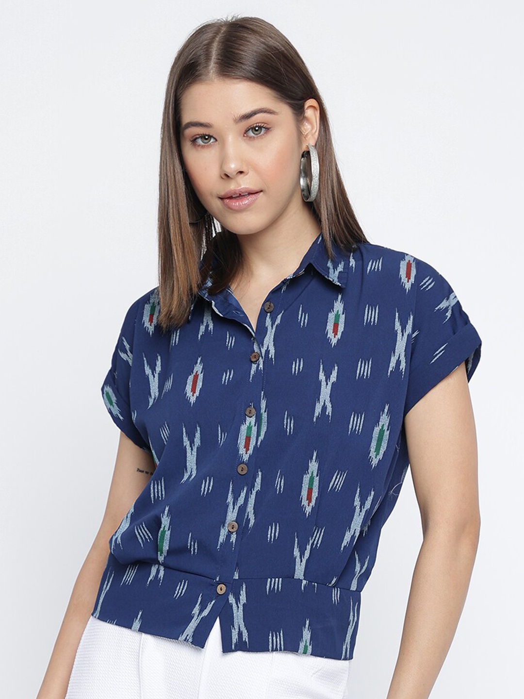 

Mayra Ethnic Motifs Print Extended Sleeves Shirt Style Top, Blue