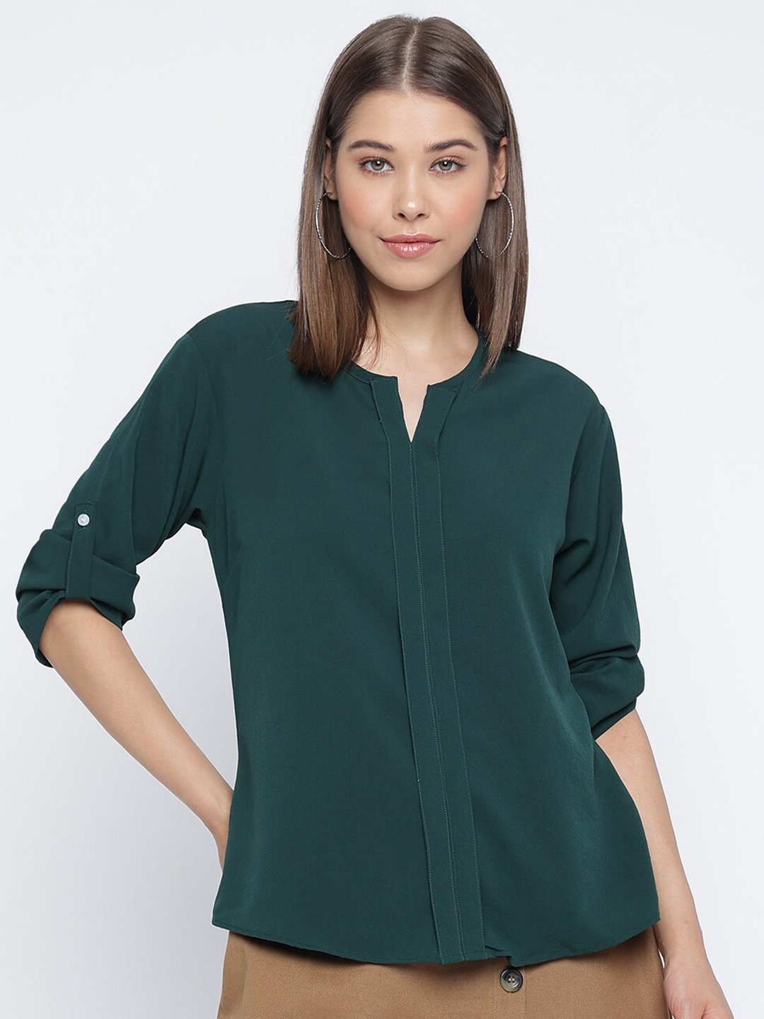 

Mayra Roll-Up Sleeves Crepe Styled Back Top, Green