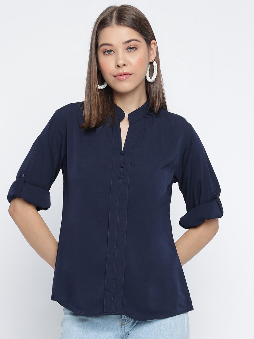 

Mayra Mandarin Collar Roll-Up Sleeves Shirt Style Top, Navy blue