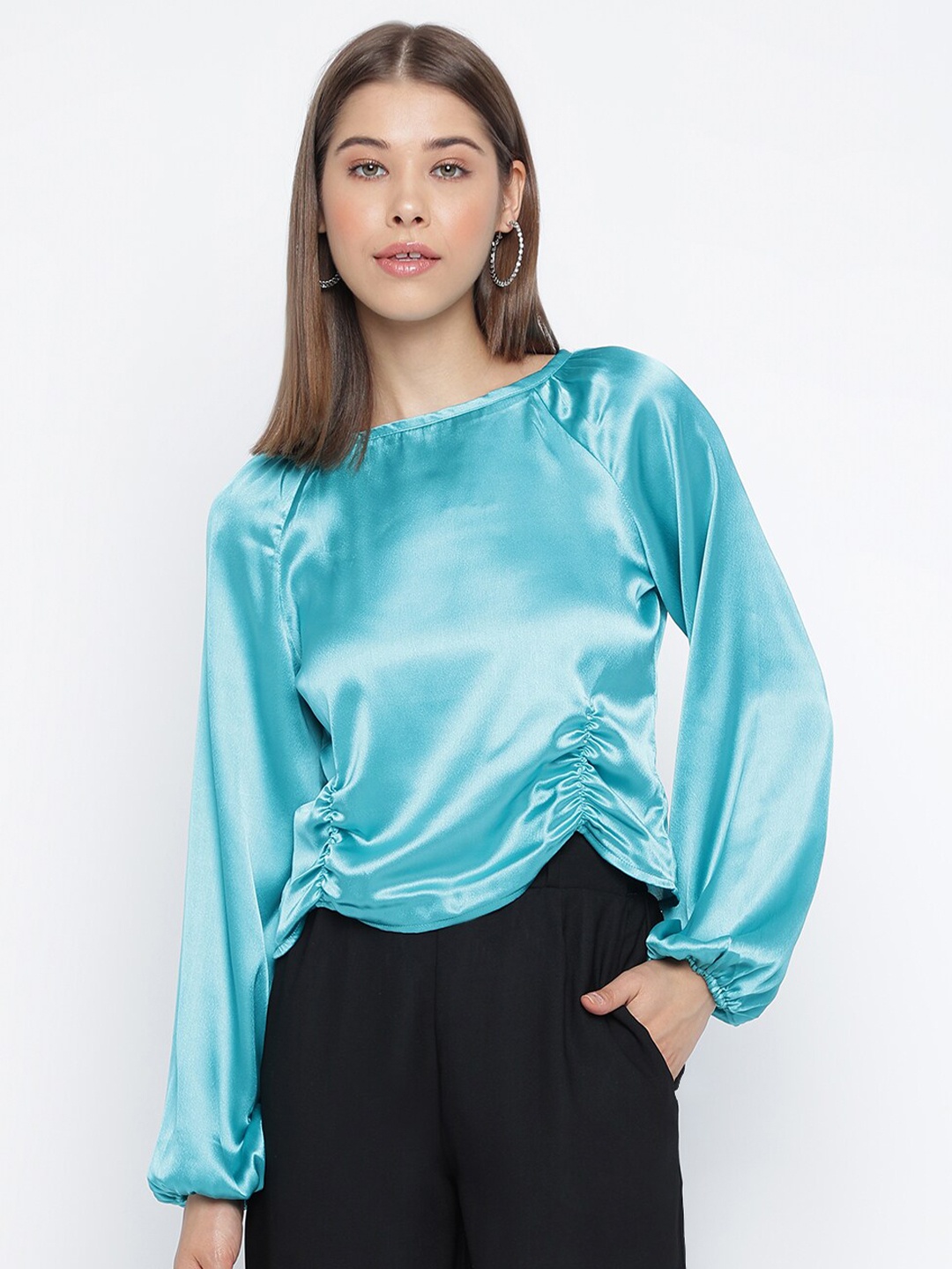 

Mayra Puff Sleeves Ruched Top, Turquoise blue