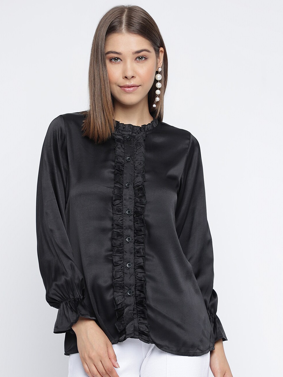 

Mayra Frills Detail Round Neck Satin Shirt Style Top, Black