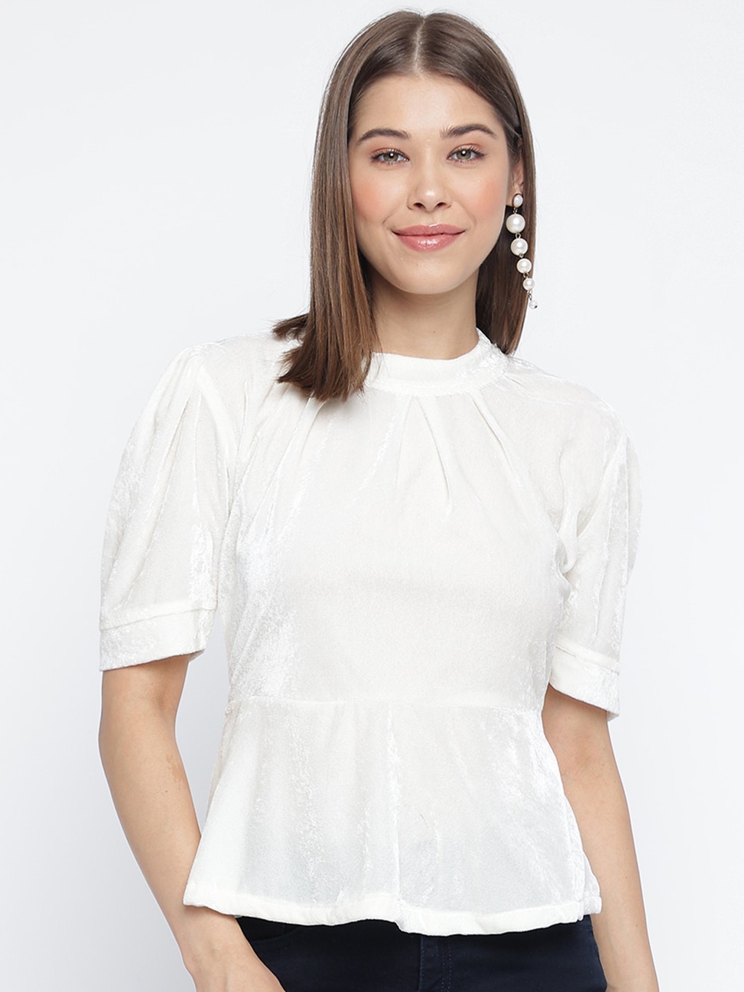 

Mayra Puff Sleeves Velvet Peplum Top, White