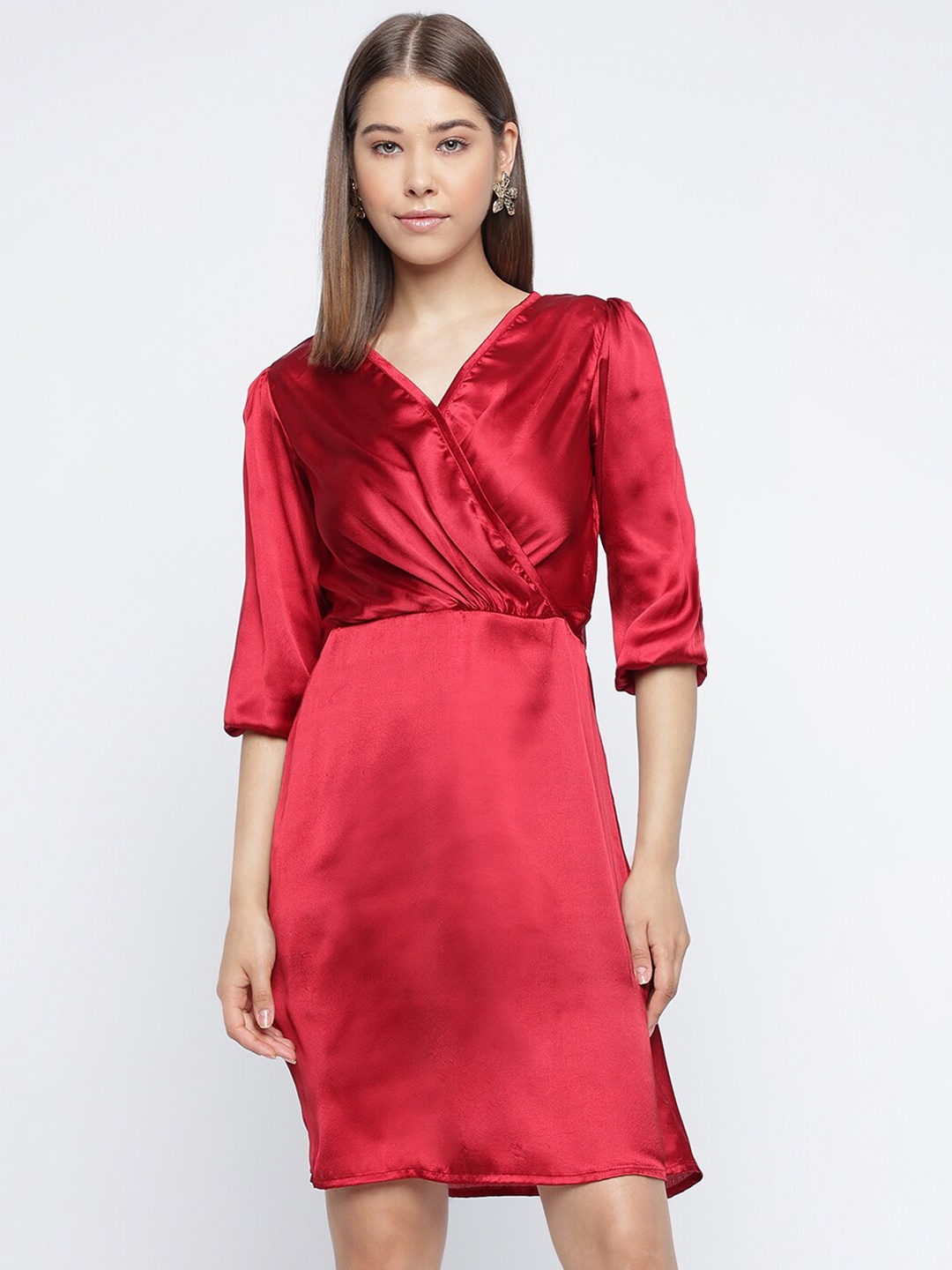 

Mayra V-Neck Puff Sleeve Pleated Satin Casual Wrap Dress, Red