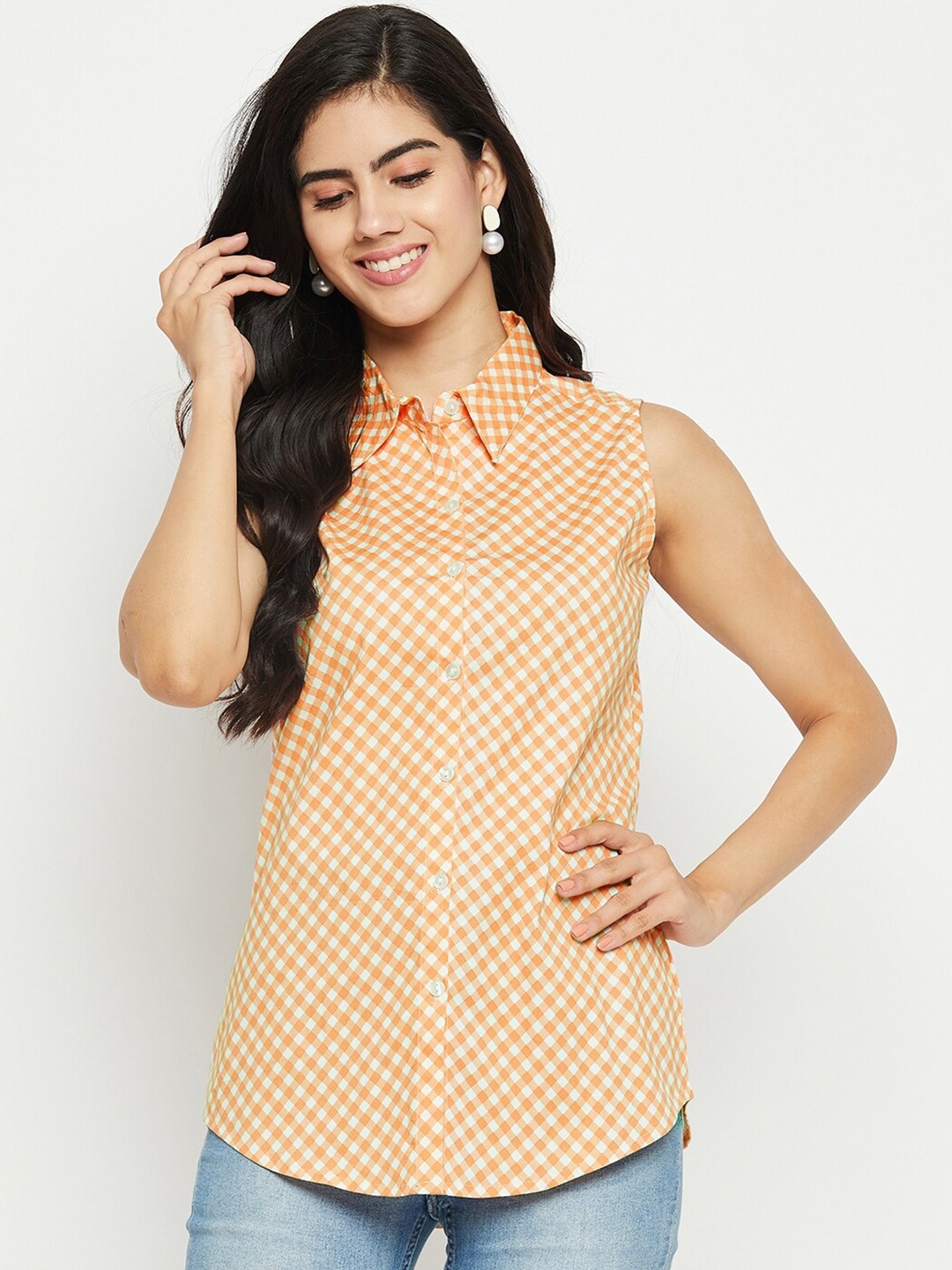 

Ruhaans Classic Checked Sleeveless Cotton Casual Shirt, Orange