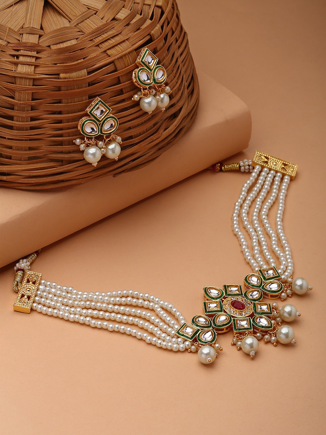 

PANASH Gold-Plated Kundan Stone & Pearl Studded Layered Jewellery Set