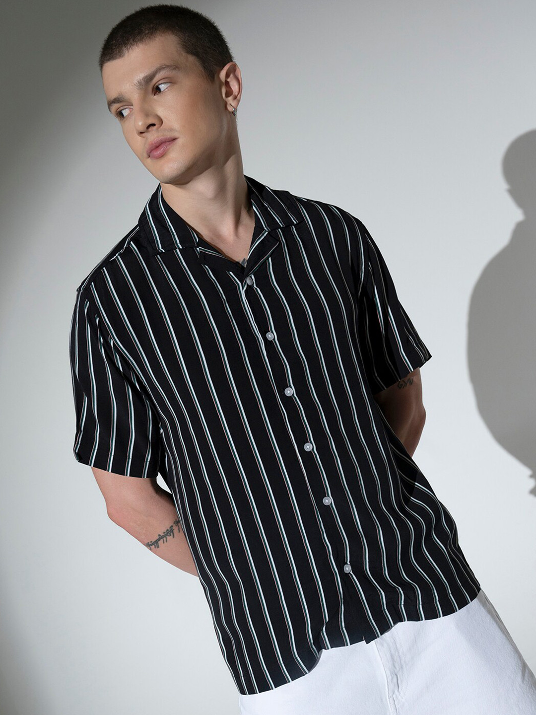 

Hubberholme Striped Cuban Collar Casual Shirt, Black