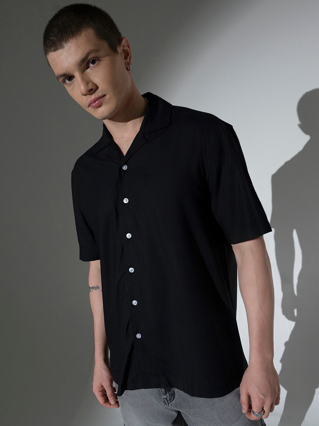 

Hubberholme Cuban Collar Casual Shirt, Black