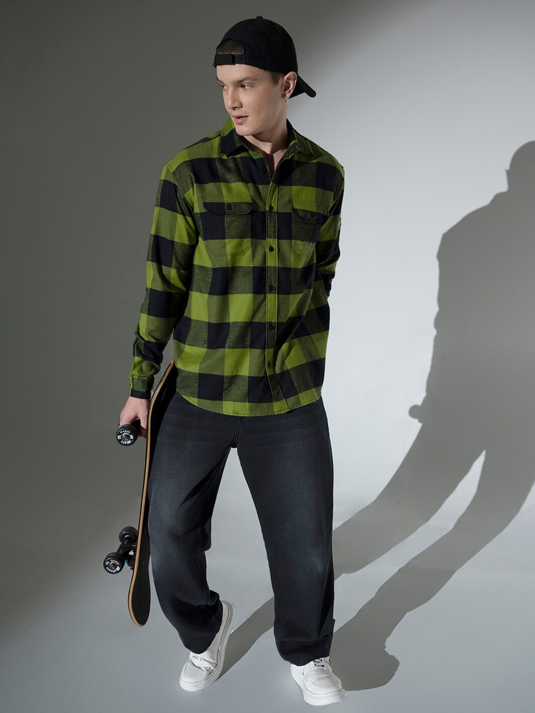 

Hubberholme Oversized Buffalo Checks Flannel Oversized Pure Cotton Casual Shirt, Green