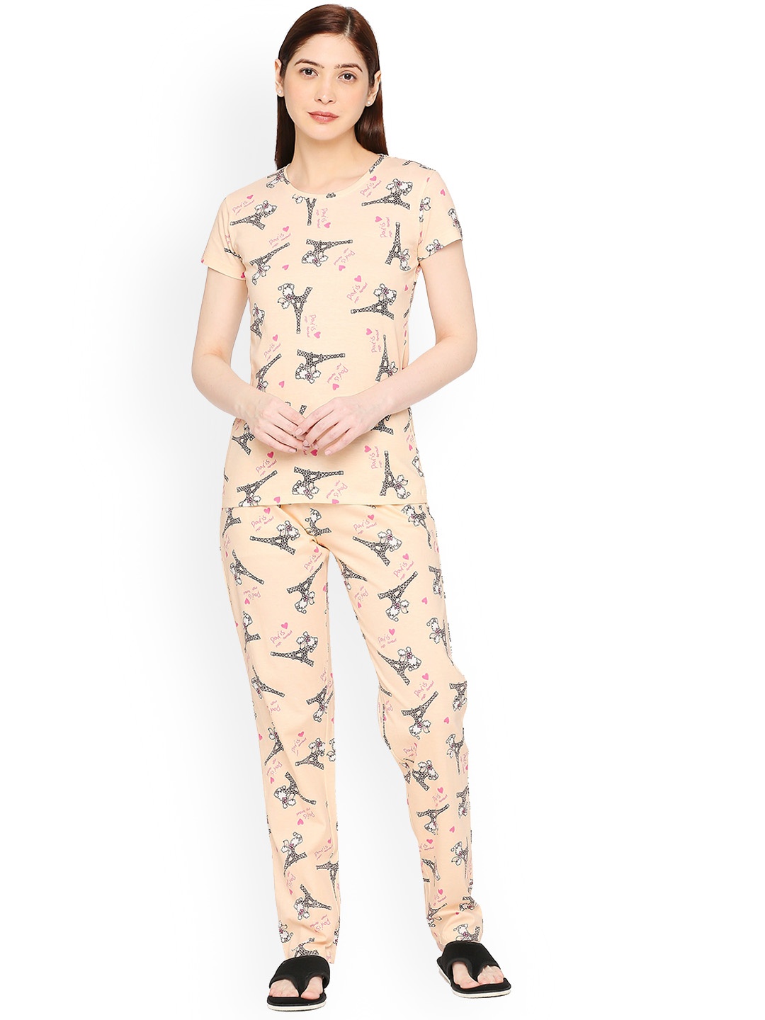 

zebu Graphic Printed Pure Cotton Night suit, Beige