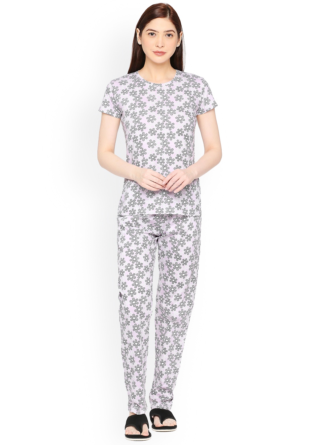 

zebu Floral Printed Pure Cotton Tshirt & Pyjamas Night suit, Lavender