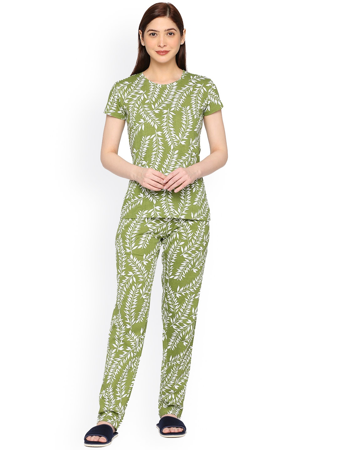 

zebu Floral Printed Pure Cotton Tshirt & Pyjamas Night suit, Green