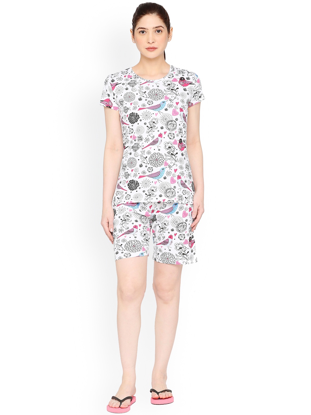 

zebu Floral Printed Pure Cotton Tshirt & Shorts Night suit, White