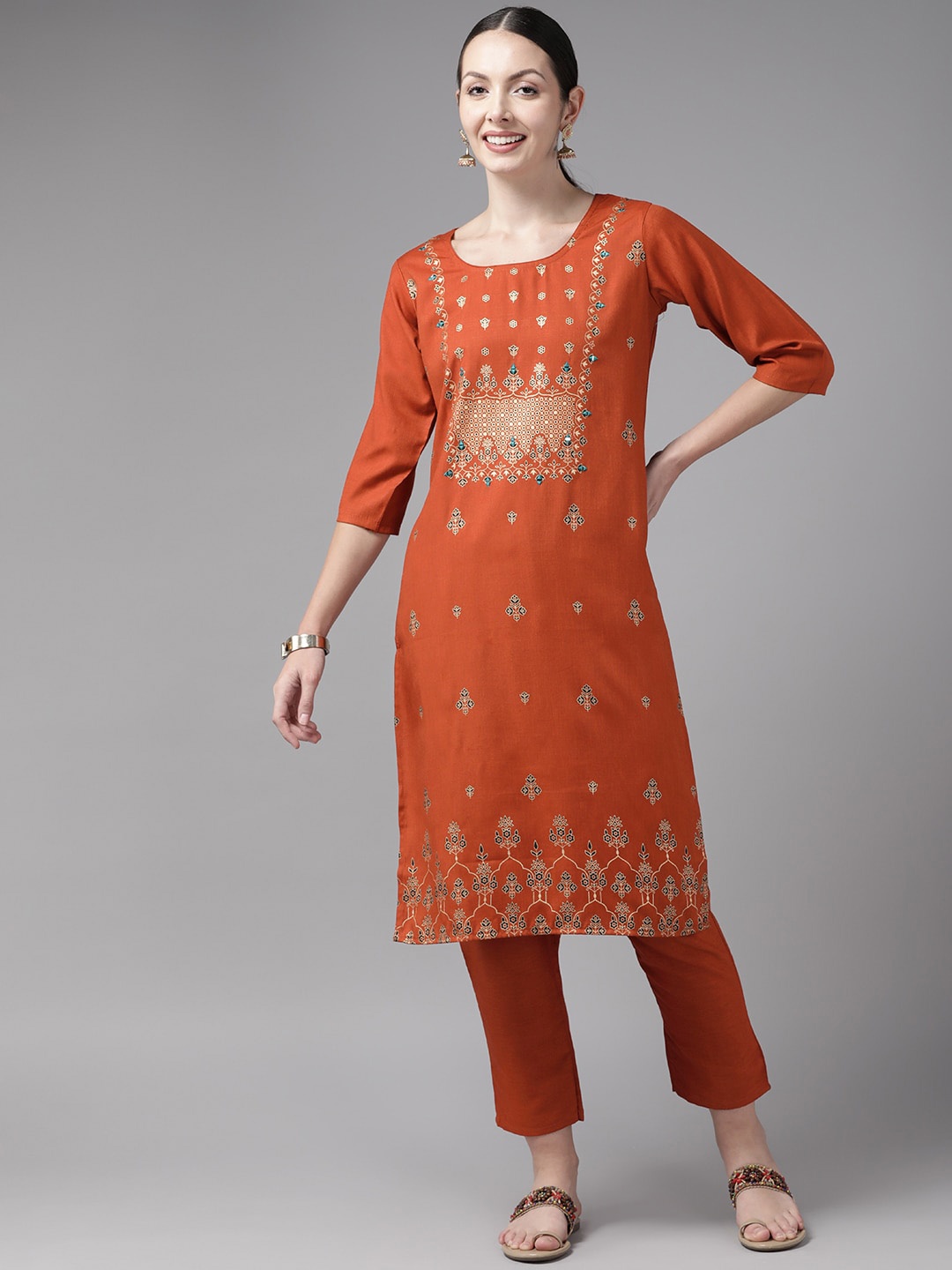 

BAESD Ethnic Motifs Printed Regular Mirror Work Pure Cotton Kurta with Trousers, Rust