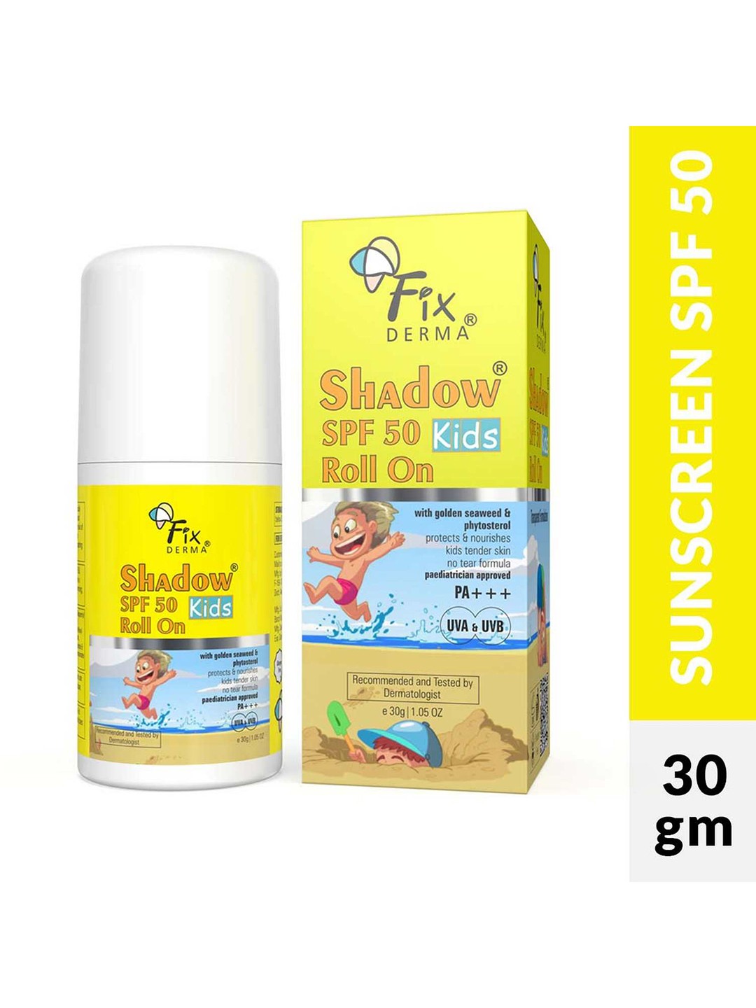 

FIXDERMA Shadow SPF50 PA+++ UVA & UVB Protection Kids Roll On Sunscreen - 30g, White