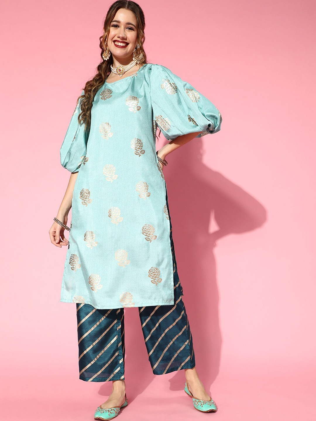 

AKS Couture Floral Printed Detachable Sleeves Straight Kurta With Palazzos, Blue