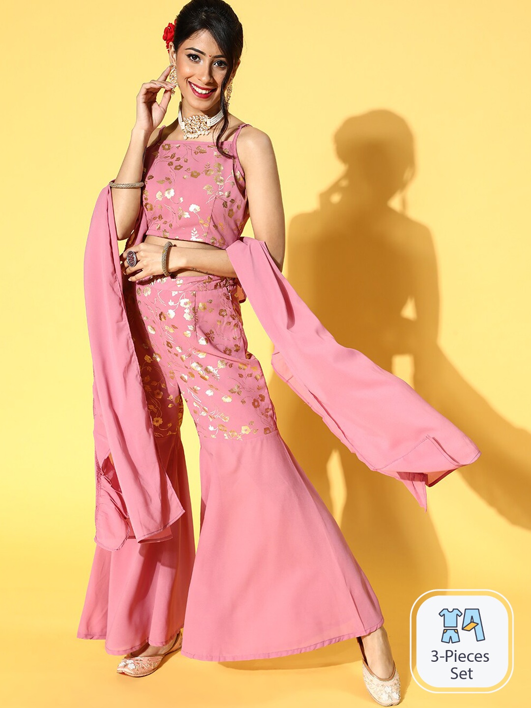 

AKS Couture Floral Foil Printed Ethnic Crop Top & Palazzo & Dupatta, Pink