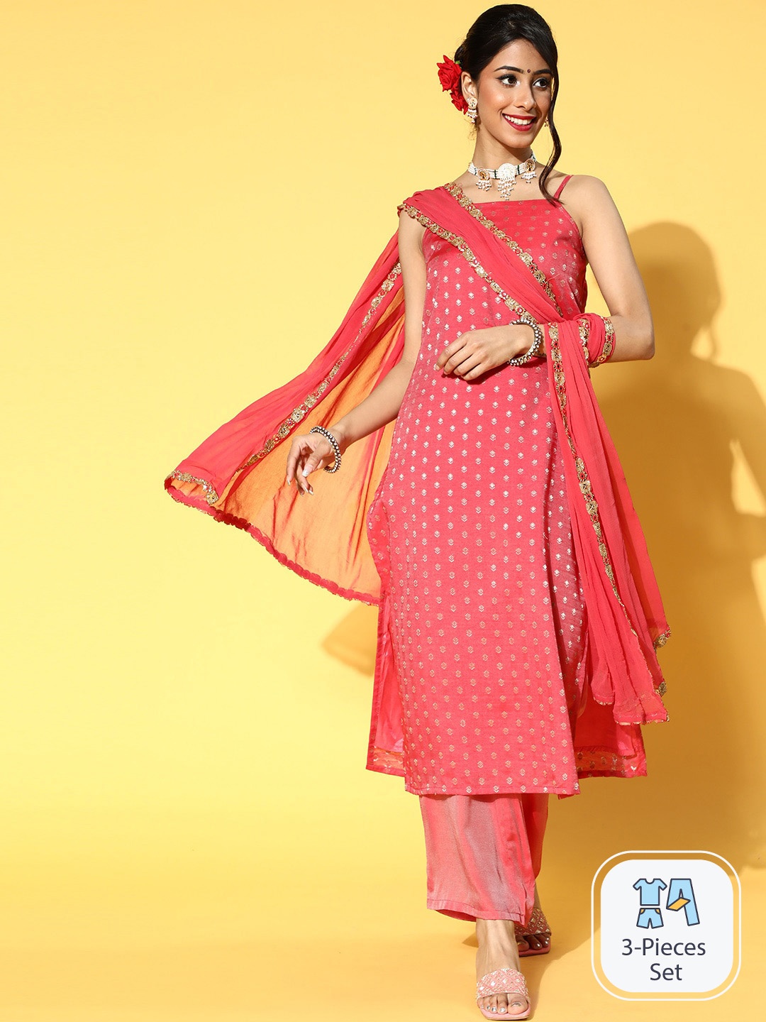 

AKS Couture Floral Printed Straight Kurta With Palazzos & Dupatta, Red