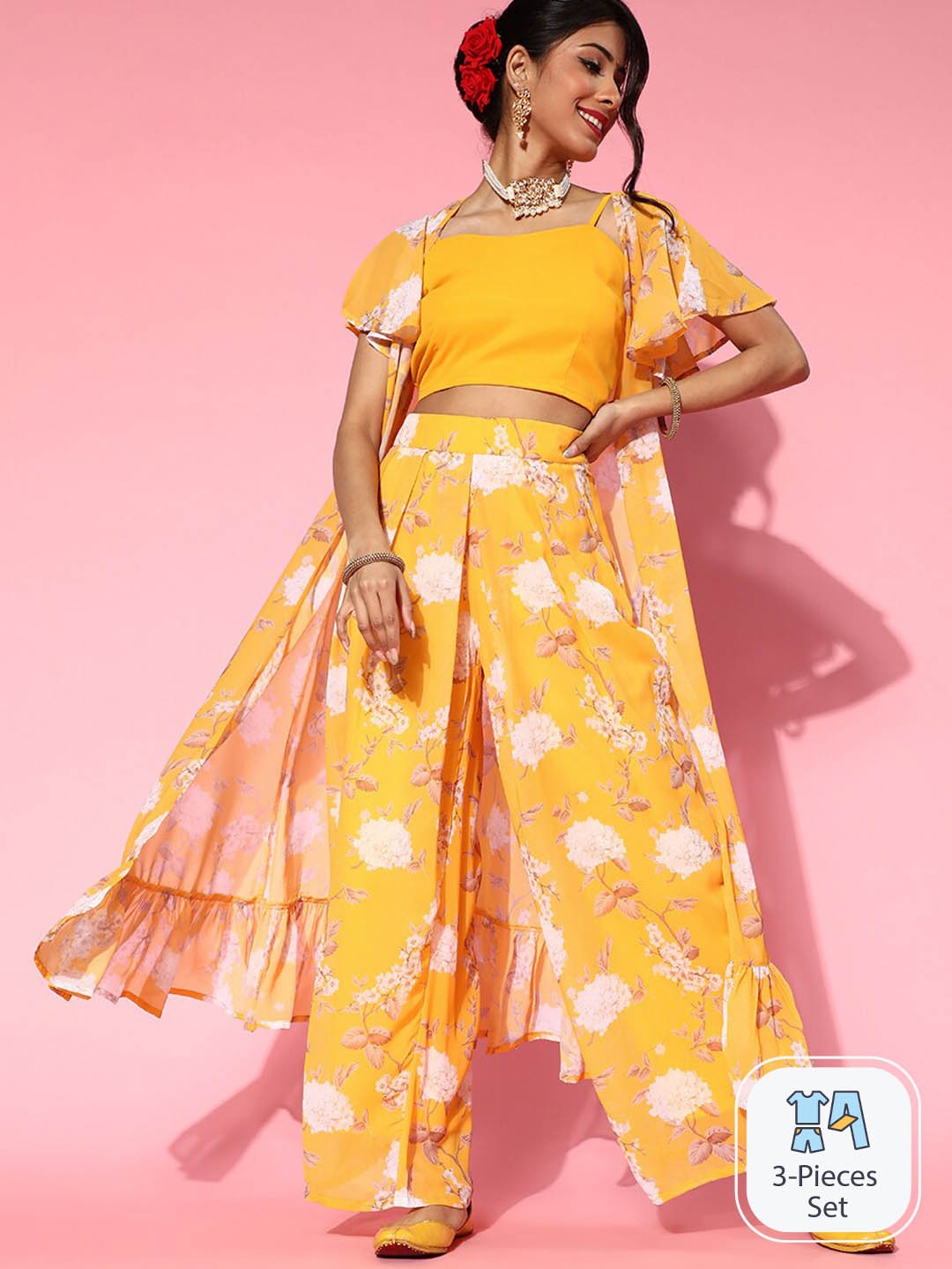 

AKS Couture Floral Printed Crop Top With Palazzos & Shrug, Yellow