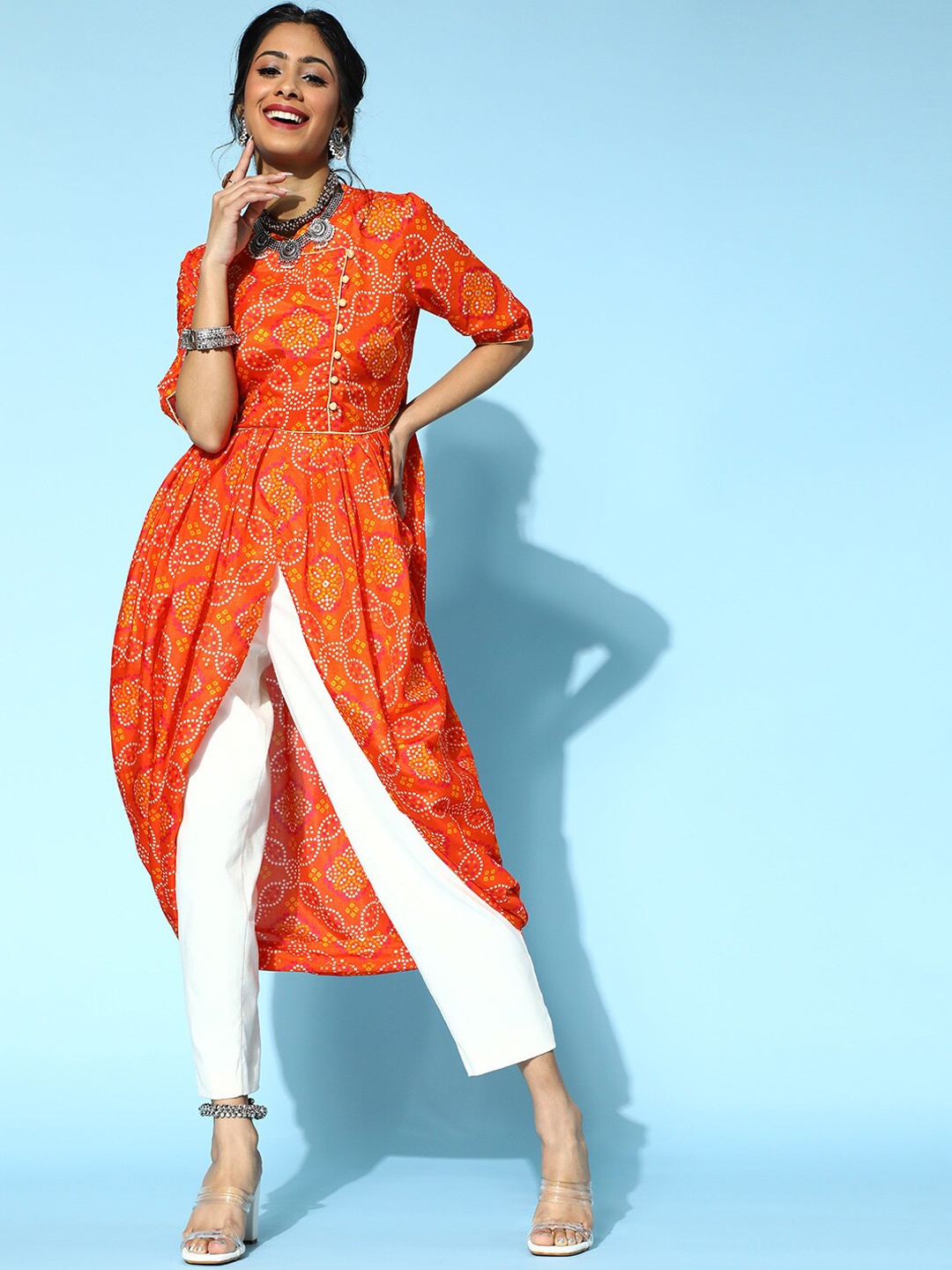 

AKS Couture Bandhani Printed Mandarin Collar High Slit A-Line Fusion Kurta, Orange