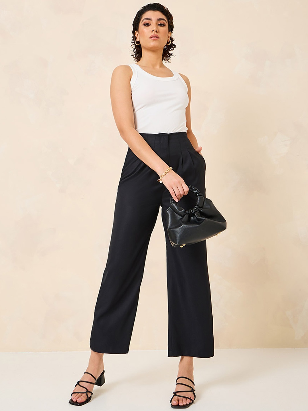 

Styli 2-Way Stretch High-Rise Leg Pants with Folded Pleats, Black