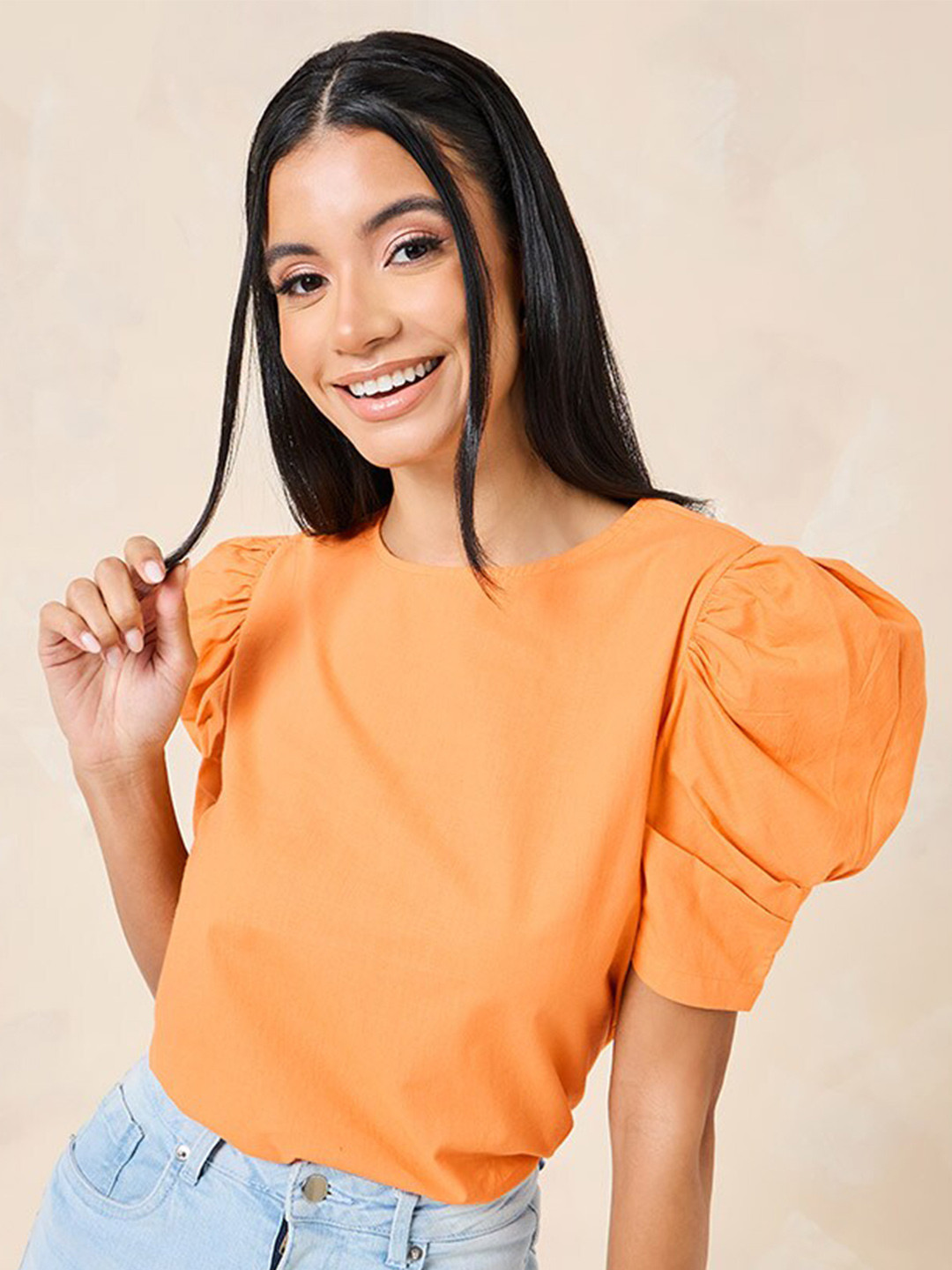 

Styli Orange Puff Sleeves Pure Cotton Top