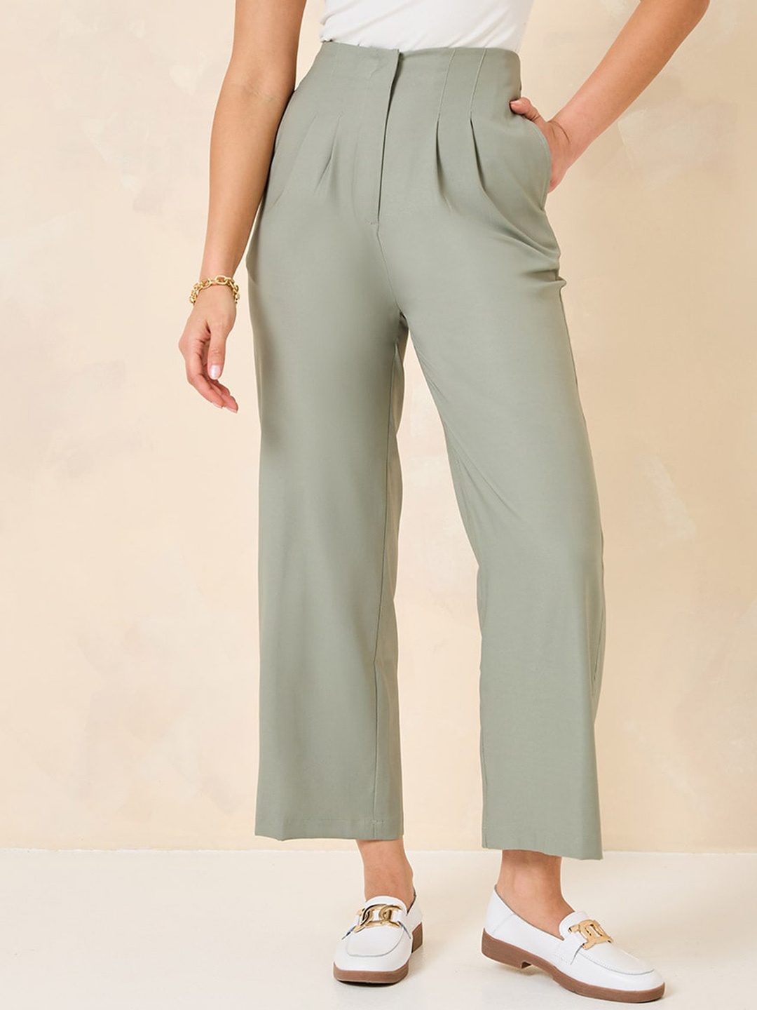 

Styli Women 2 Way Stretch High-Rise Pleated Trousers, Olive