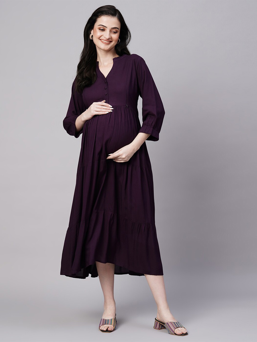 

Aanyor Maternity Mandarin Collar Tiered Fit & Flare Cotton Midi Dress, Purple