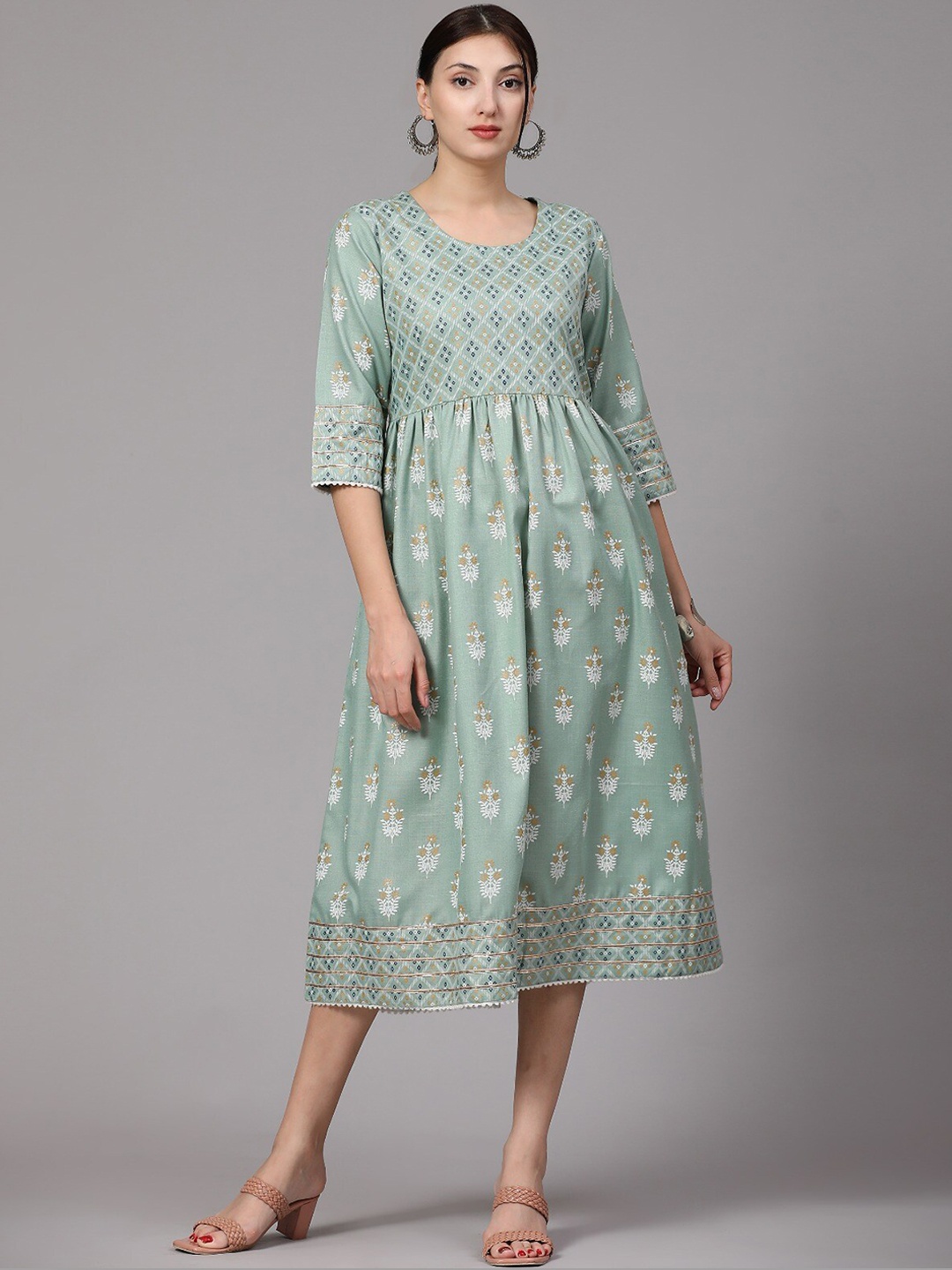 

KALINI Printed Fit & Flare Midi Ethnic Dress, Sea green