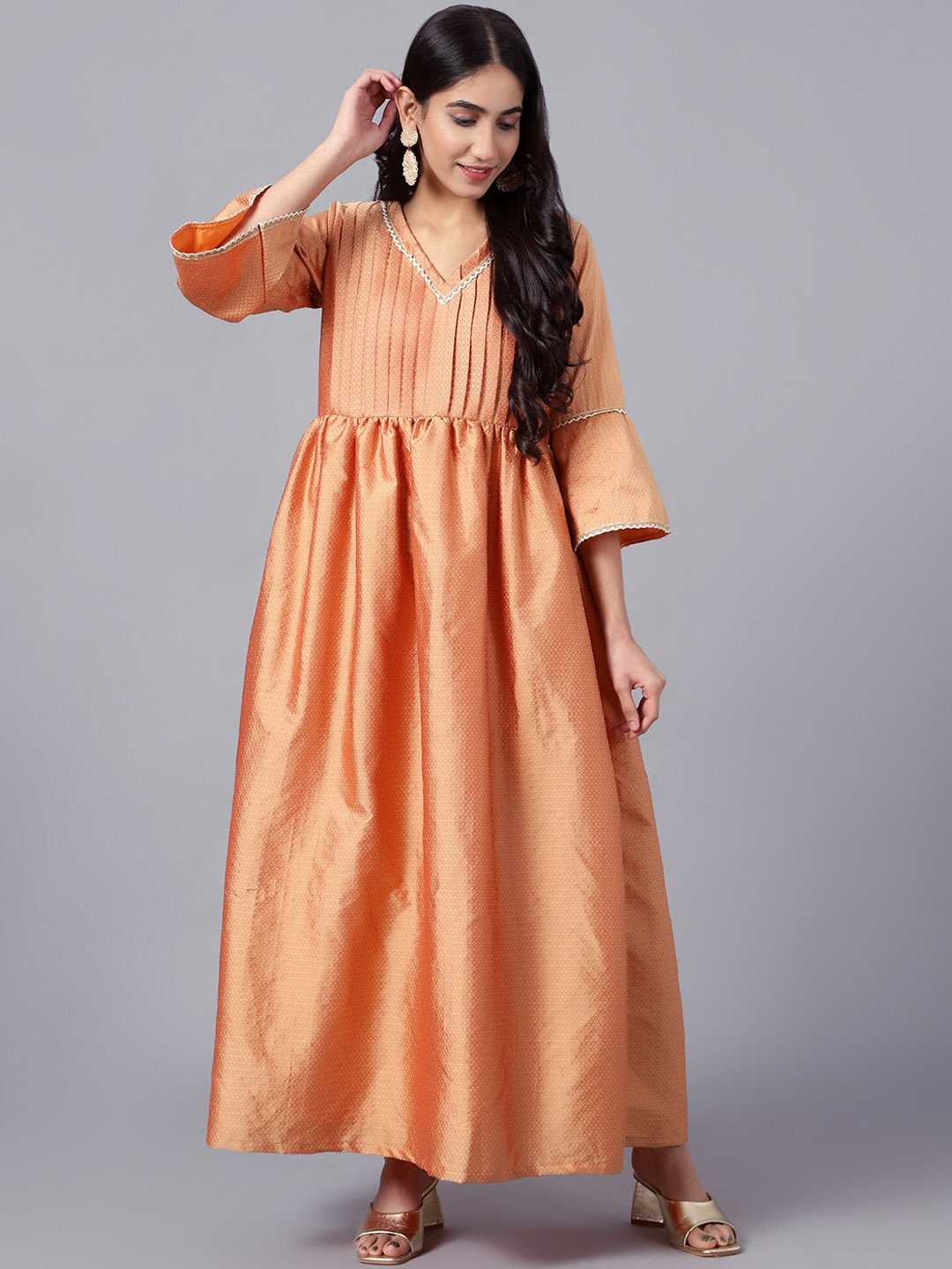 

KALINI Self Design Gathered Bell Sleeves Maxi Fit & Flare Ethnic Dress, Orange