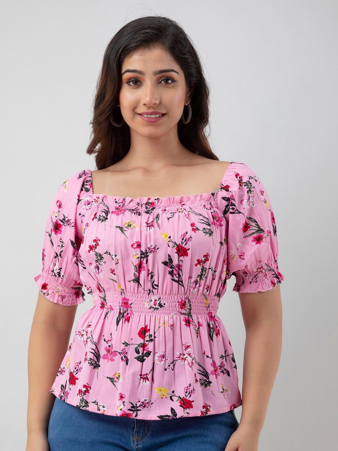 

CKM Floral Printed Puff Sleeves Cinched Waist Top, Pink