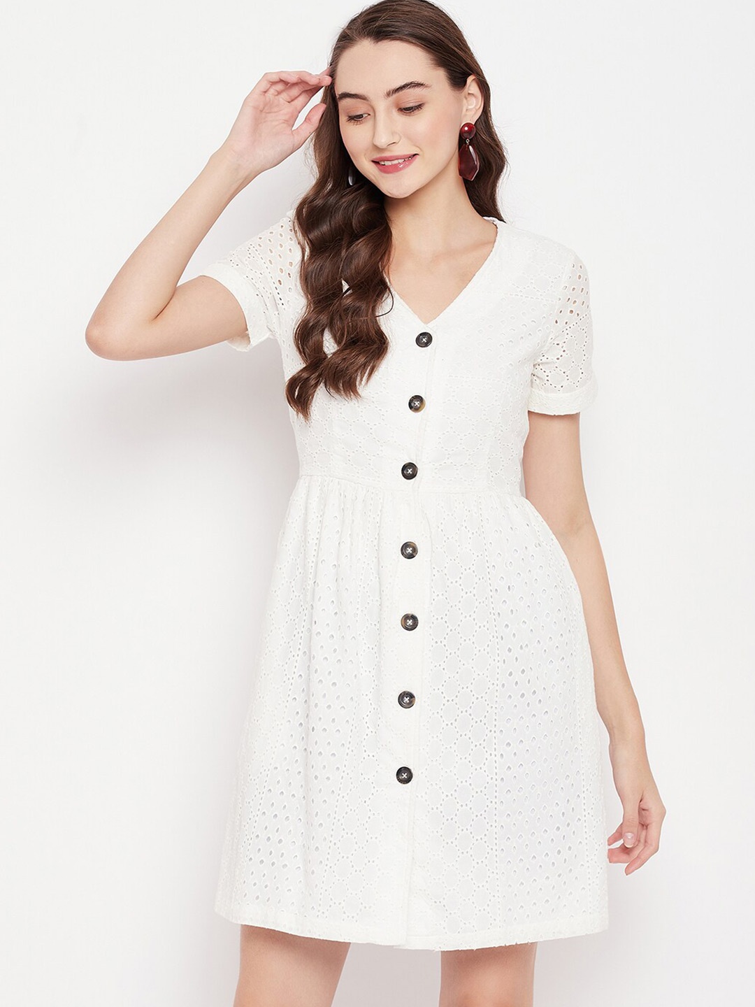 

STYLE BLUSH Self Design Schiffli Cotton A Line Dress, White