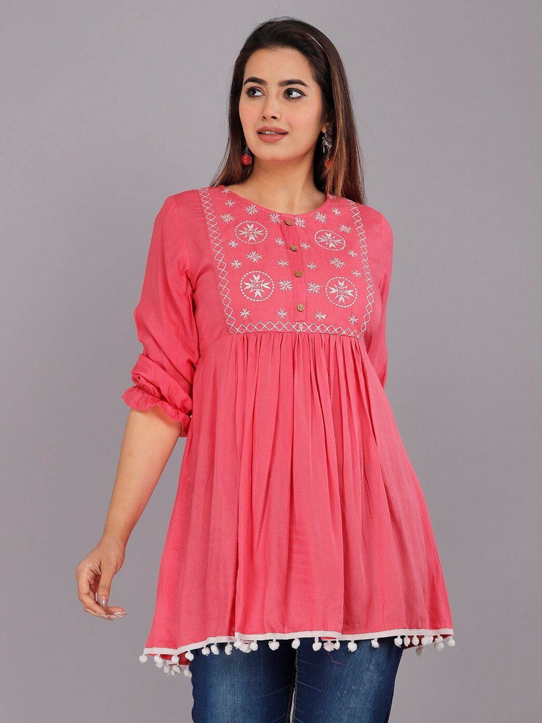 

BAESD Ethnic Motifs Embroidered Longline Top, Pink