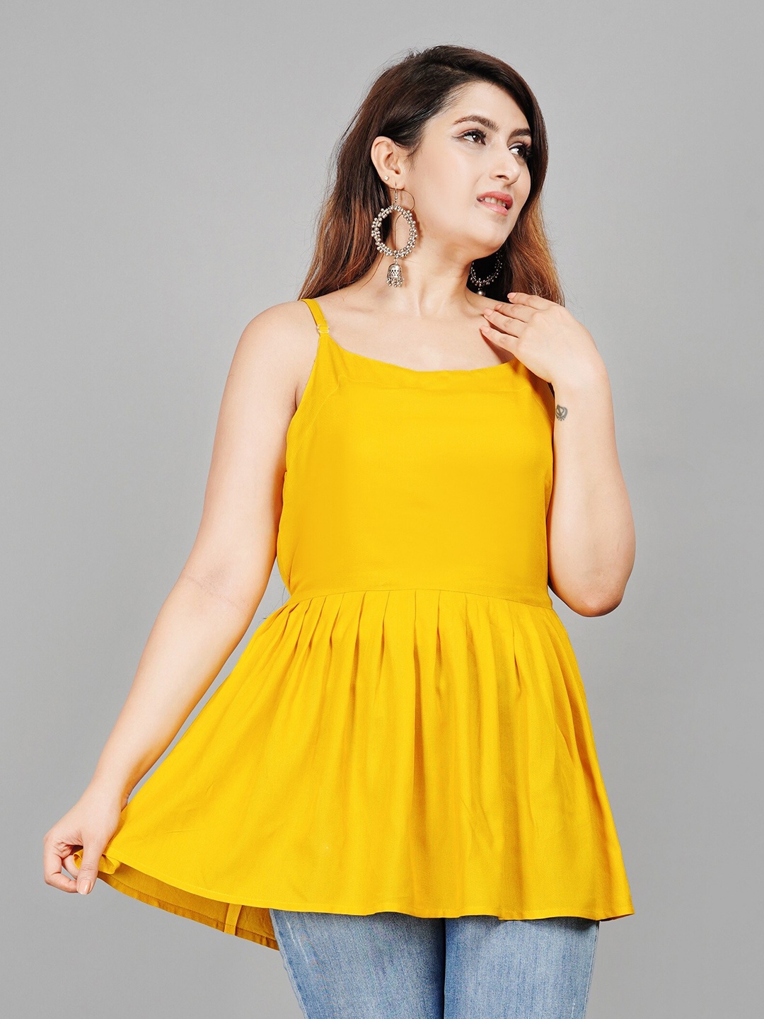 

BAESD Shoulder Straps Pleated Peplum Top, Mustard