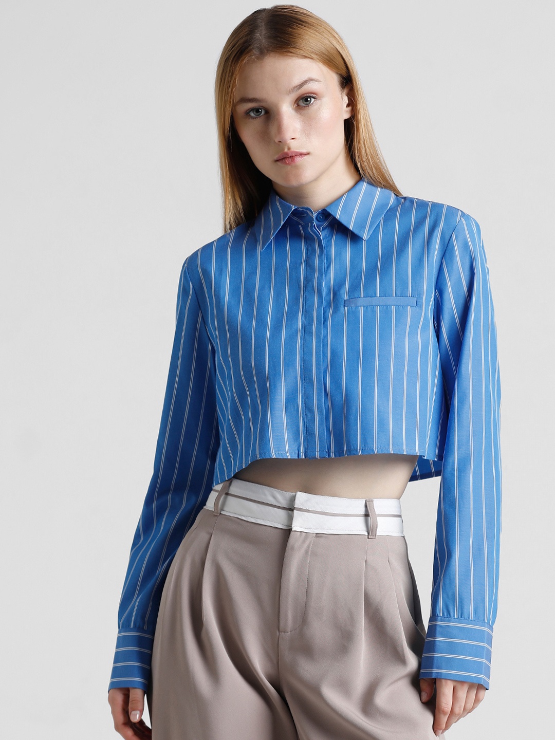 

ONLY Boxy Opaque Striped Casual Shirt, Blue
