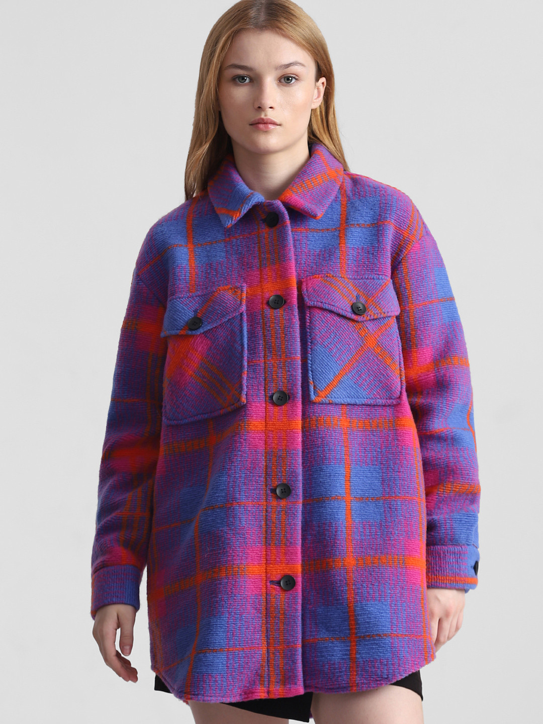 

ONLY Boxy Opaque Checked Casual Shacket, Blue