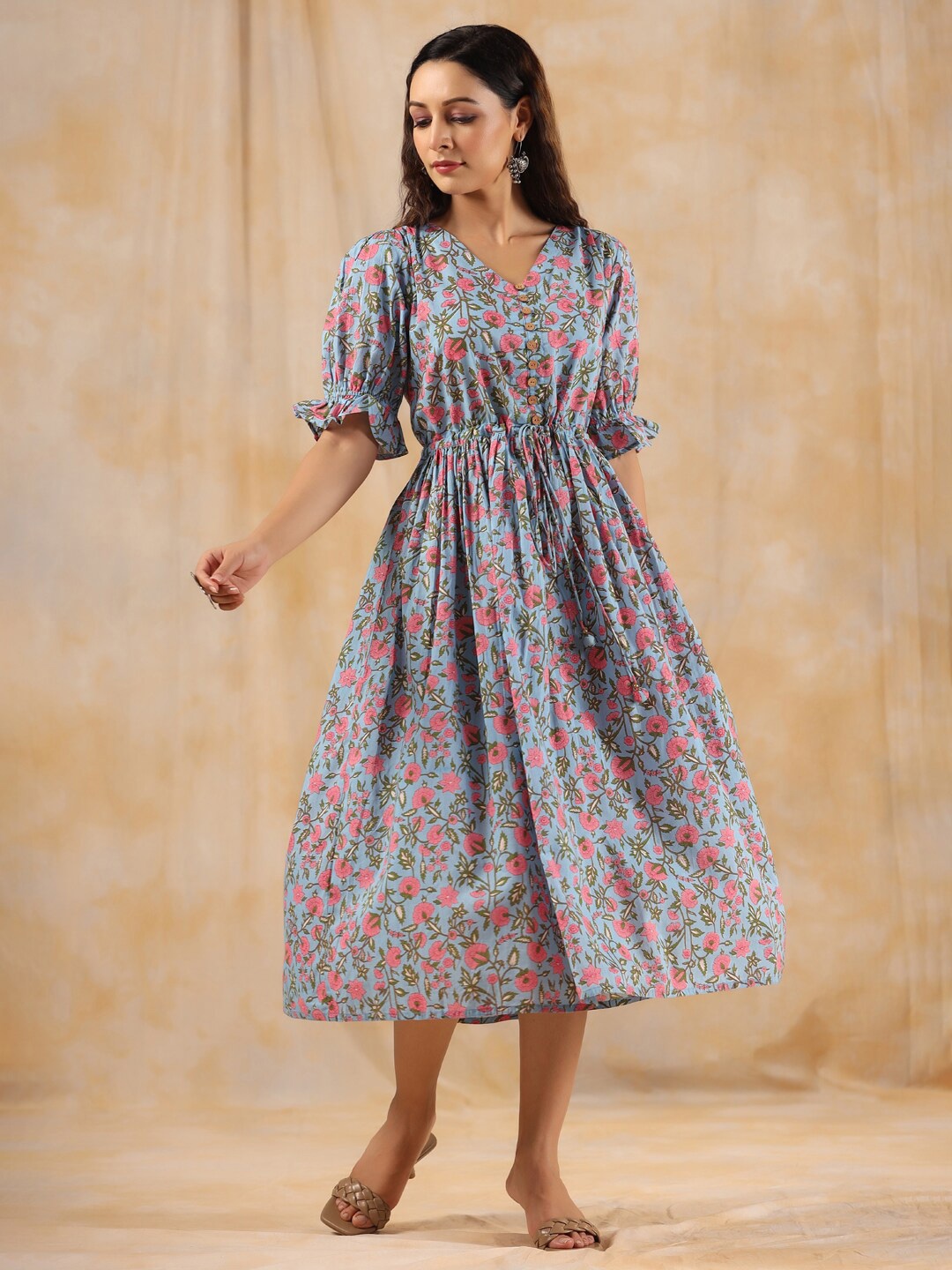 

Jaipur Kurti Floral Printed A-Line Midi Cotton Dress, Blue