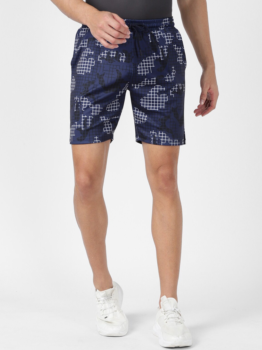 

UrbanMark Men Abstract Printed Mid Rise Sports Shorts, Navy blue