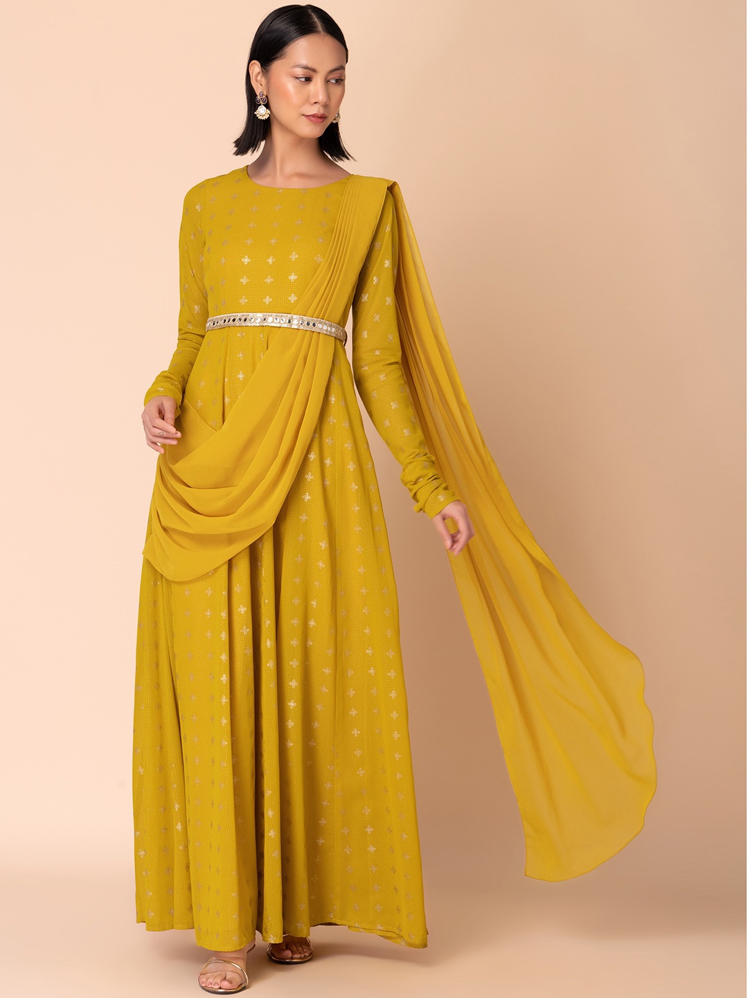 

Rang by Indya Ethnic Motifs Printed Foil Print Anarkali Kurta, Yellow