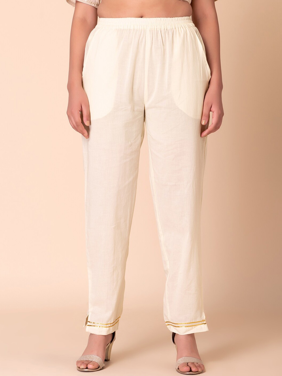 

Rang by Indya Women Mid Rise Pleated Plain Cotton Culottes Trousers, White