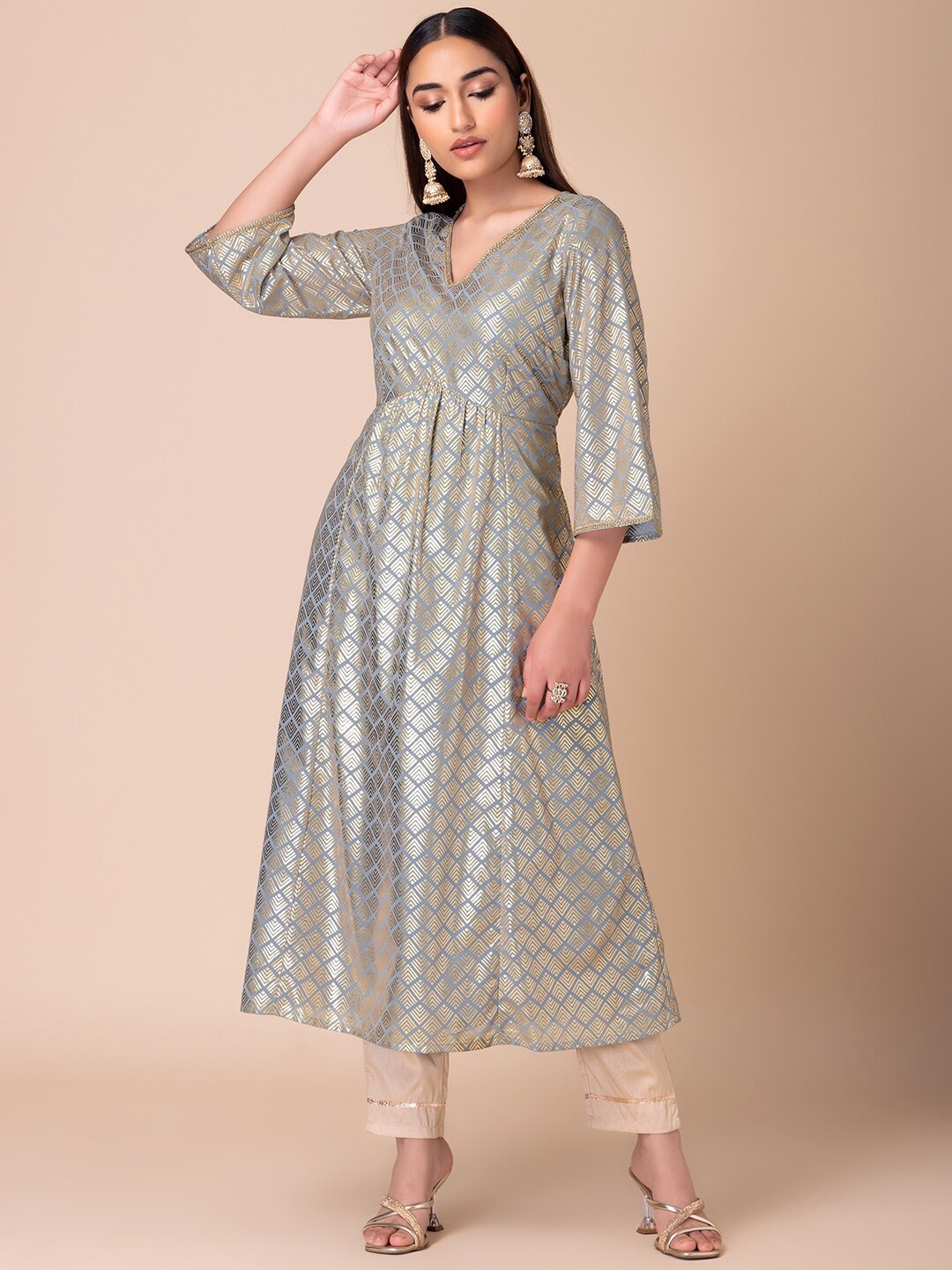 

Rang by Indya Geometric Flared Sleeves Georgette Anarkali Kurta, Blue