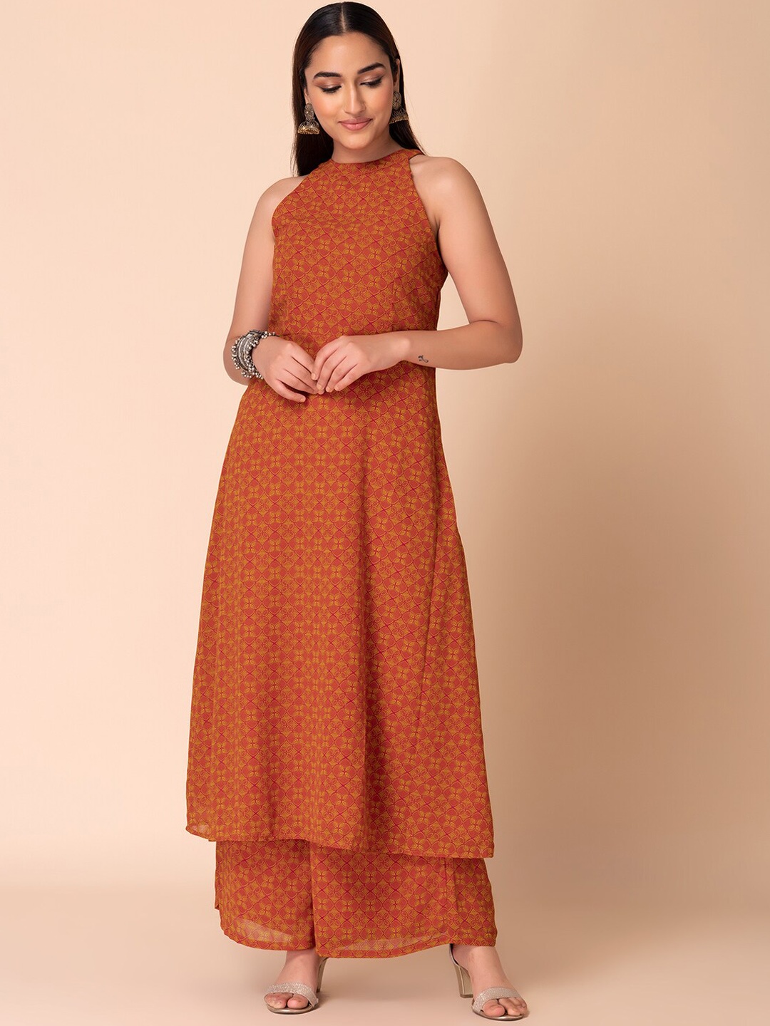 

Rang by Indya Ethnic Motifs Printed Halter Neck Kurta With Palazzos, Orange