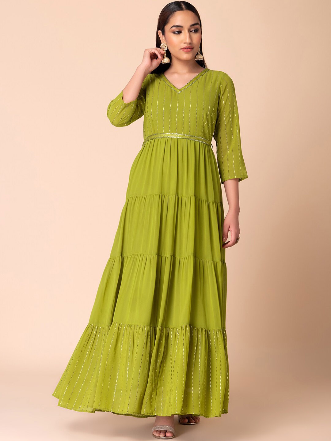 

Rang by Indya V-Neck Sequins Georgette Anarkali Kurta, Green