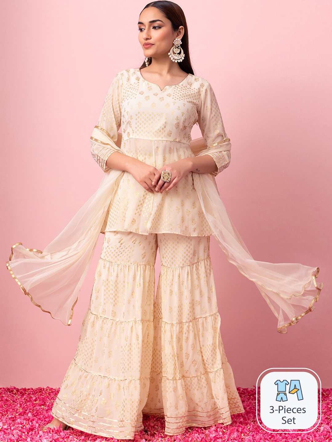 

Rang by Indya Floral Printed Regular A-Line Kurta & Sharara With Dupatta, White