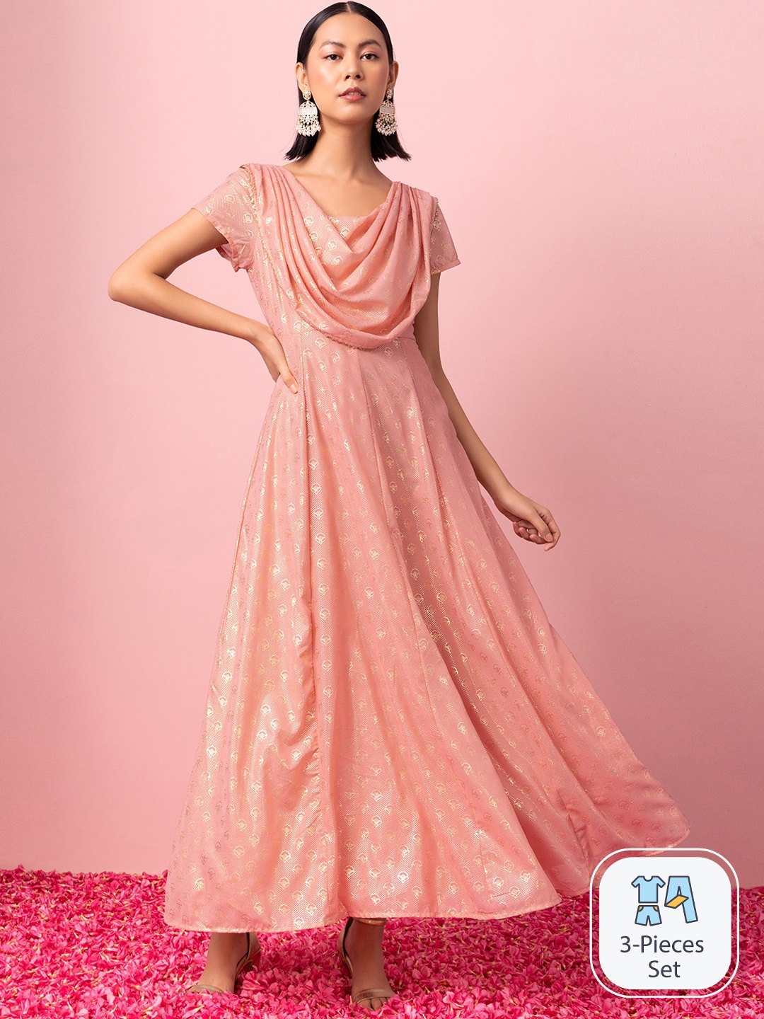

Rang by Indya Floral Printed Foil Print Georgette Anarkali Kurta, Pink